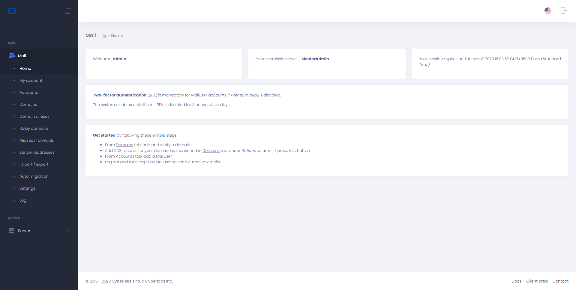 Mail Portal dashboard after logging in as MasterAdmin