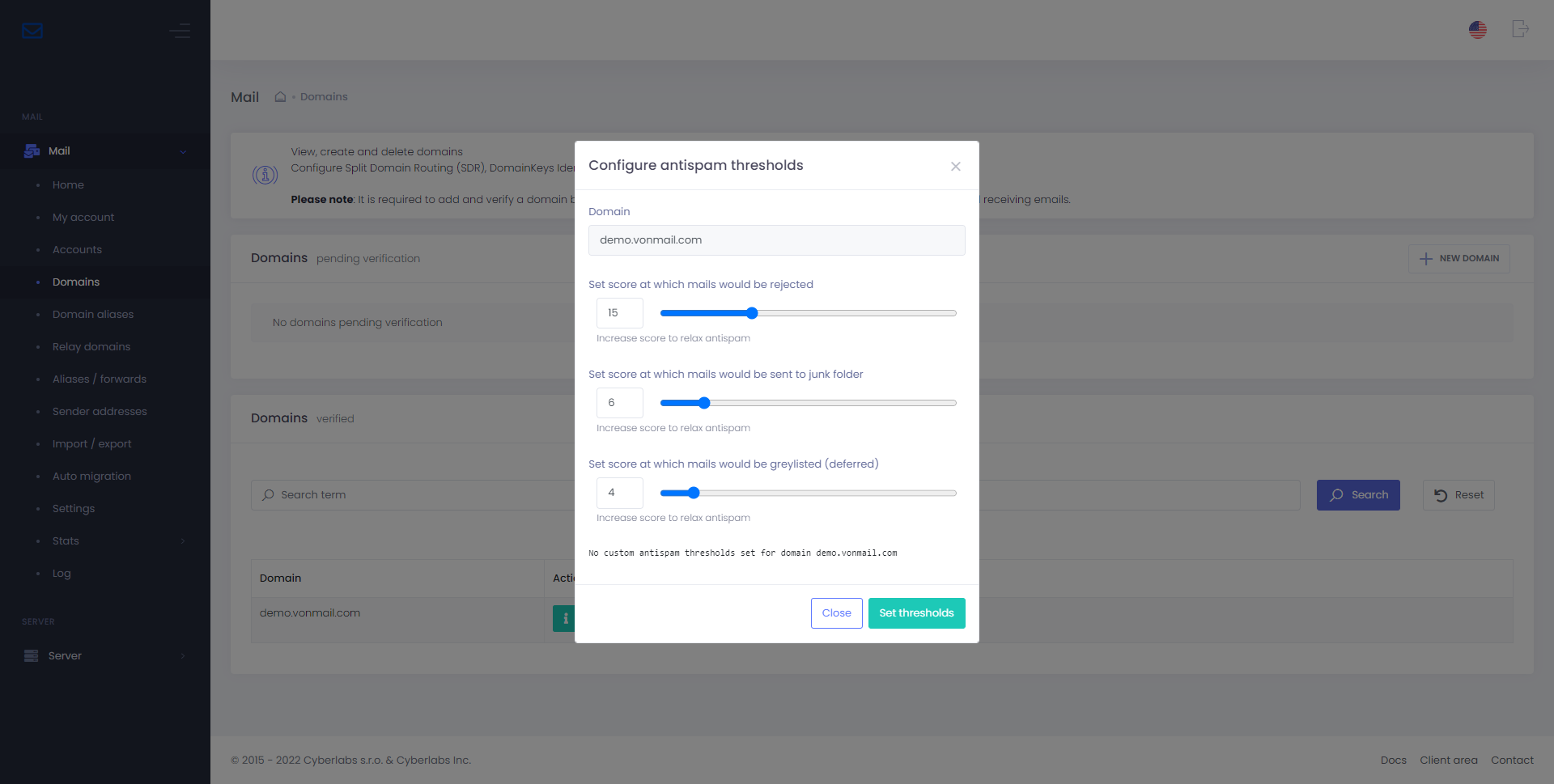 Per-domain antispam thresholds