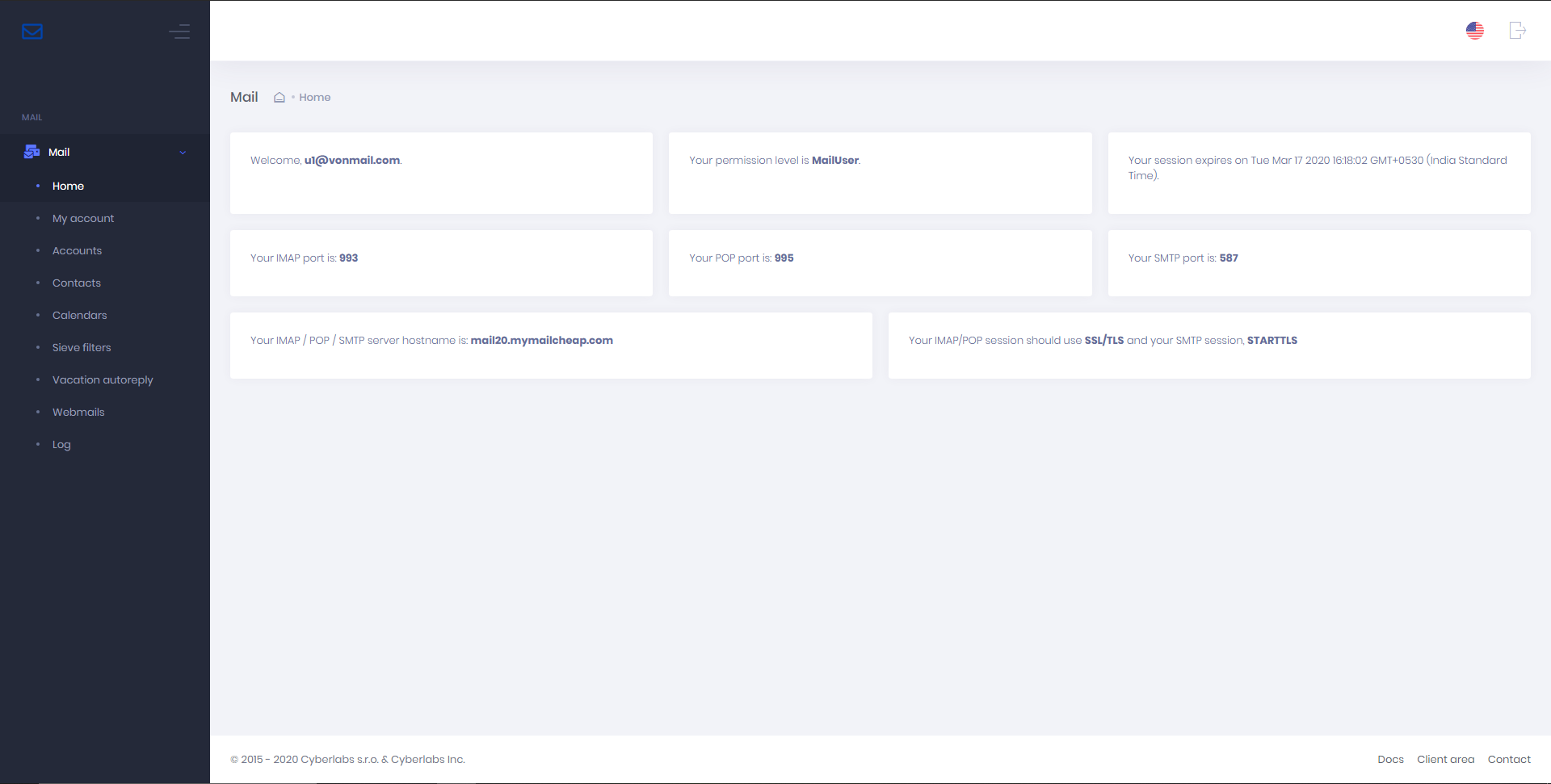 Mail Portal dashboard after logging in as MailUser